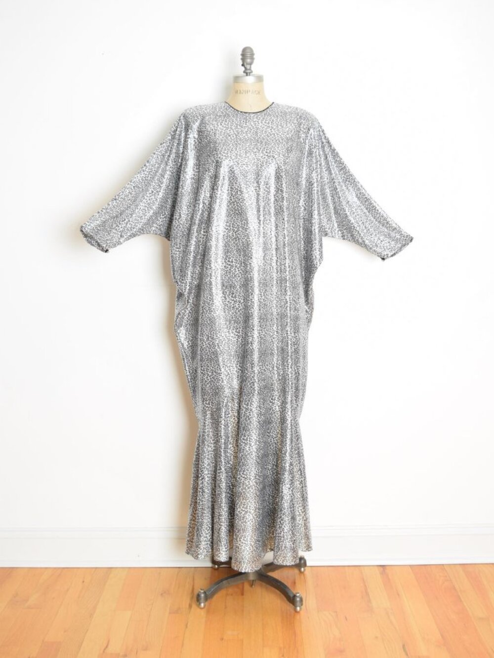 vintage 80s dress David Brown caftan metallic silver leopard draped disco maxi